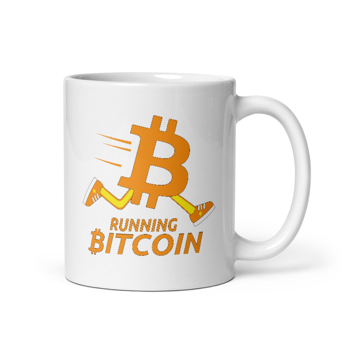Running Bitcoin White Glossy Mug – SatoshiStore.io
