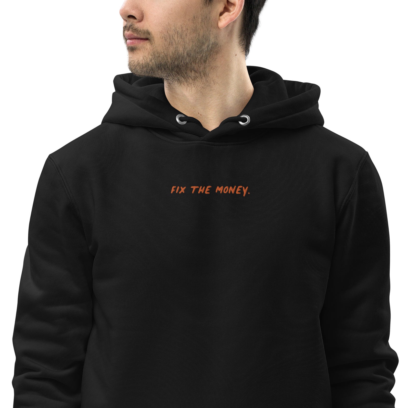Fix The Money. Embroidered Men's Organic Pullover Bitcoin Hoodie with Pouch Pocket