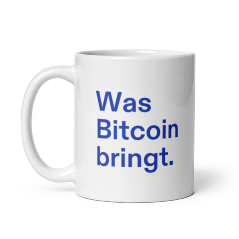 Was Bitcoin bringt. weiße Tasse