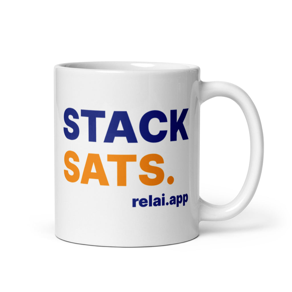 Stack Sats Sticker Relai Stack Sats White Glossy | Bitcoin Mug – SatoshiStore.io